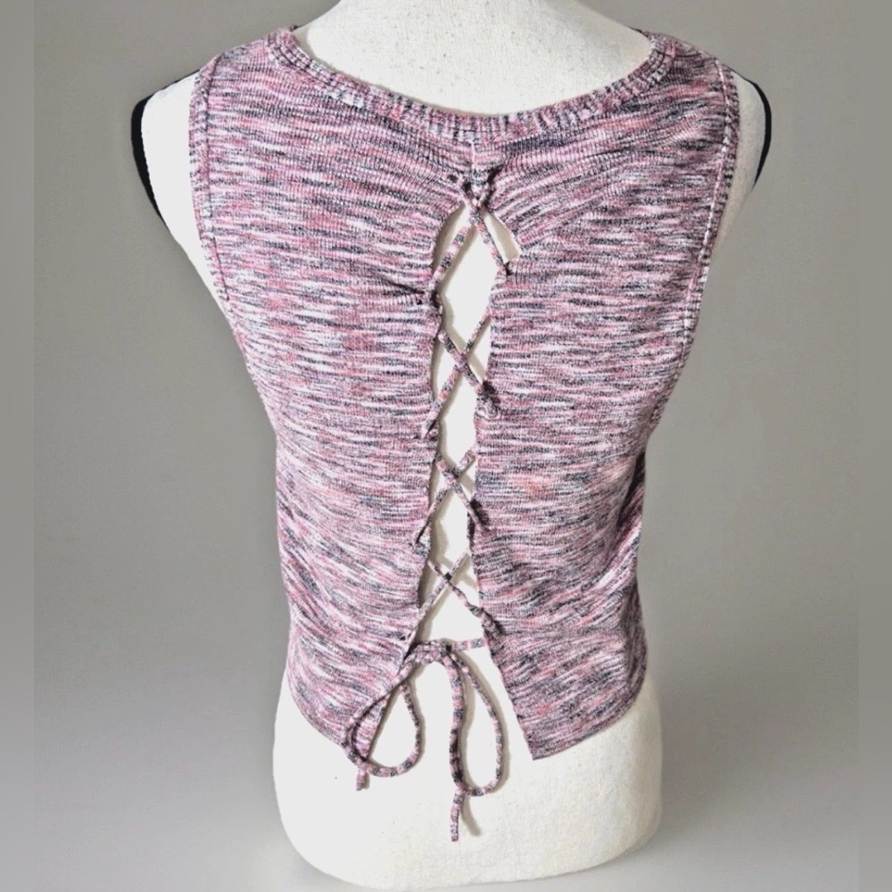 Womens Lace up Back Tank Top  S Small Pink Heathered Cropped Boho Free People